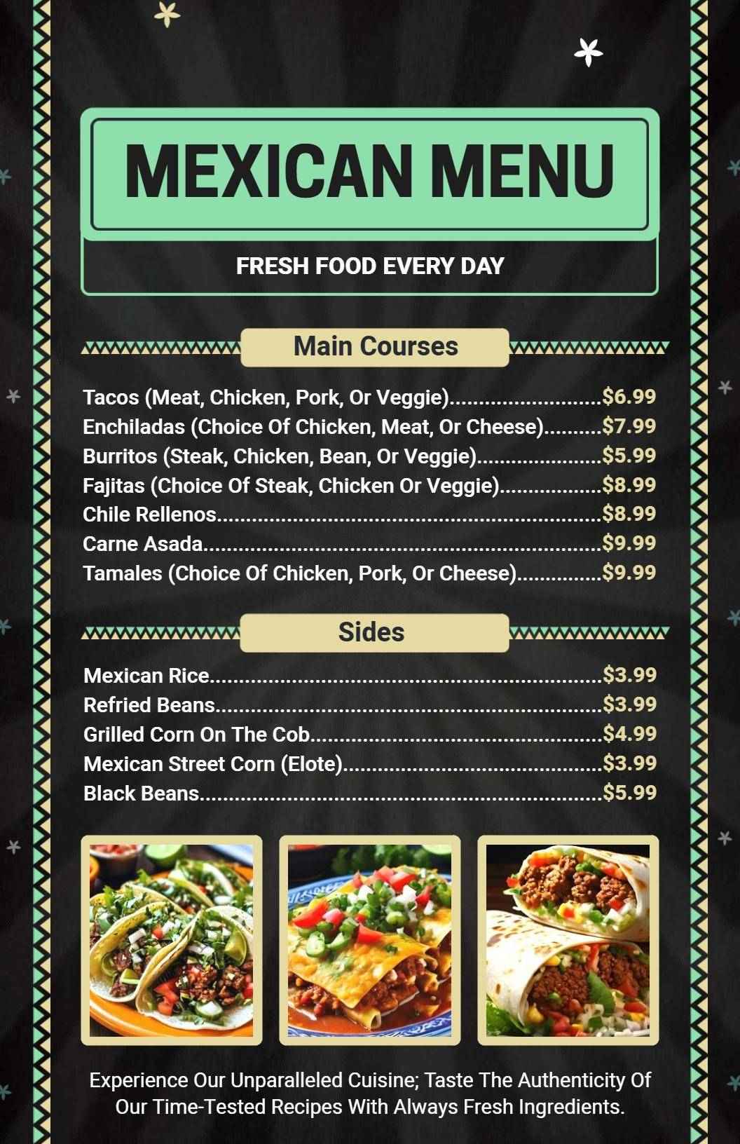 Traditional Teal and Black Mexican Cuisine Menu Template