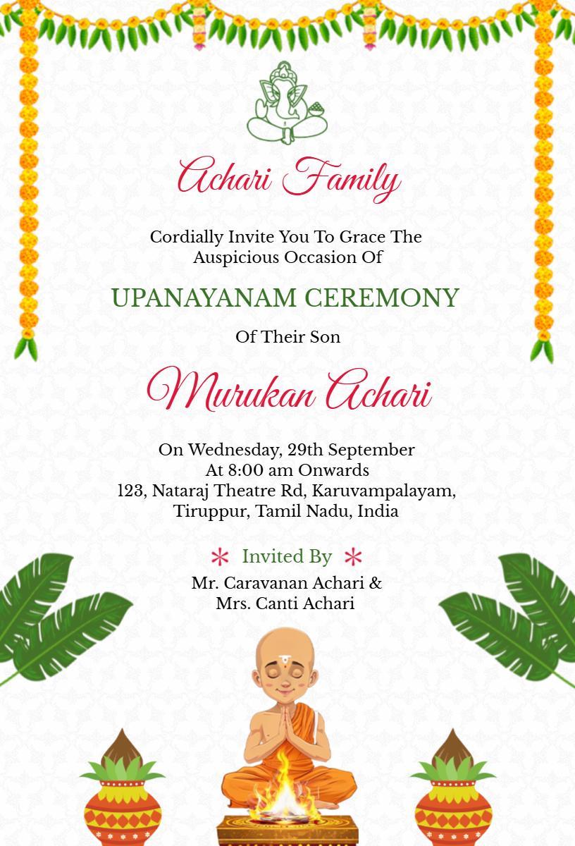 Traditional Upanayanam Sacred Ceremony Invitation Template