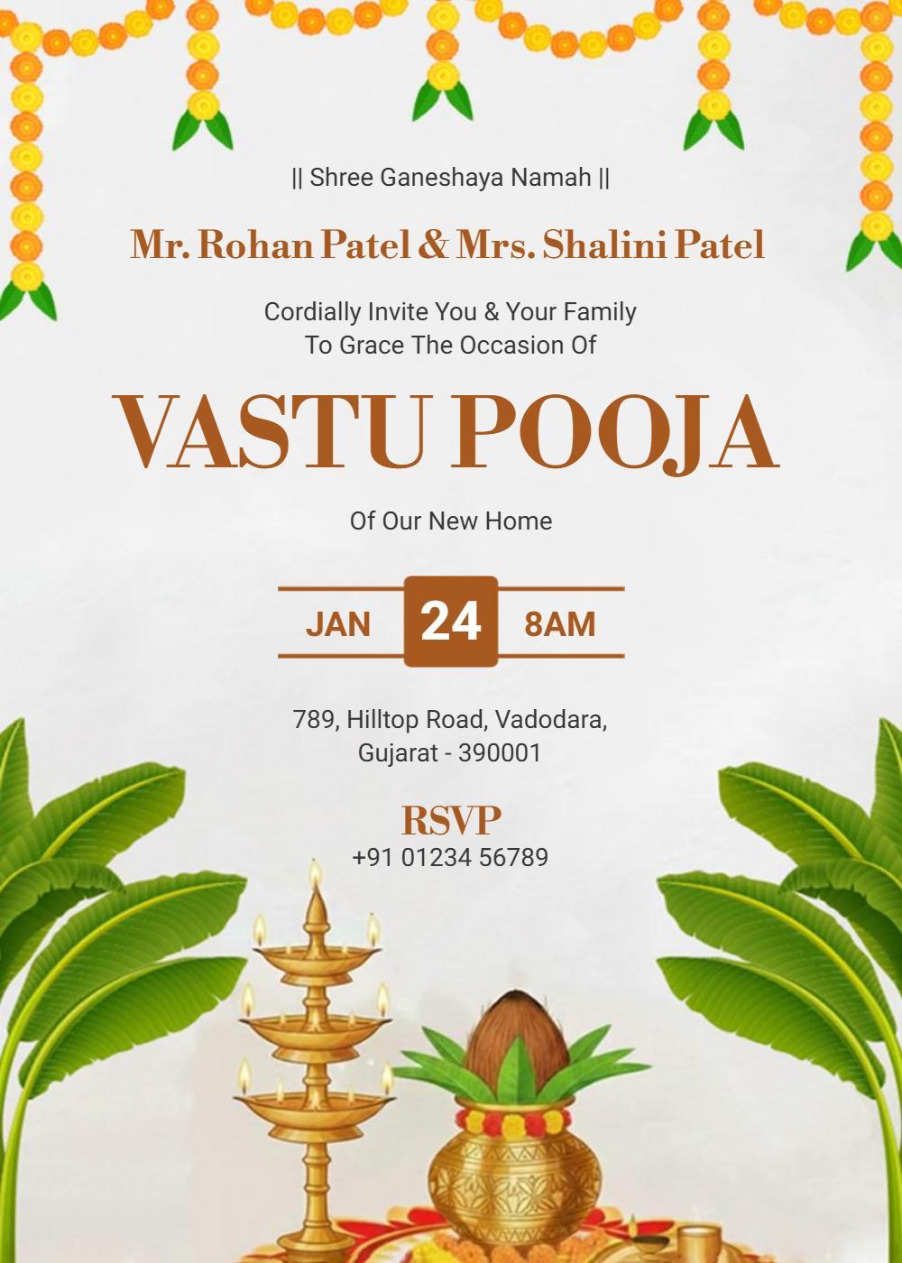 Traditional Vastu Pooja New Home Blessing Invitation Template
