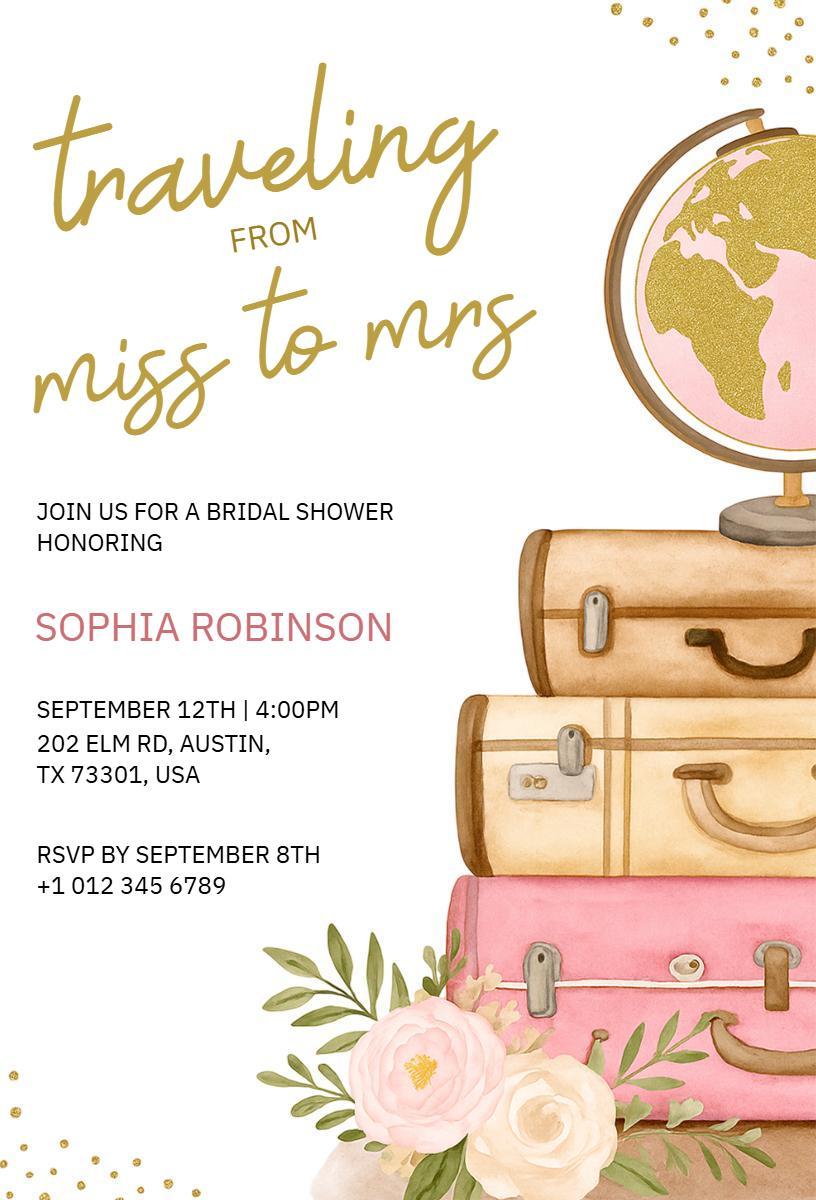 Traveling from Miss to Mrs Elegant Bridal Shower Invitation Template