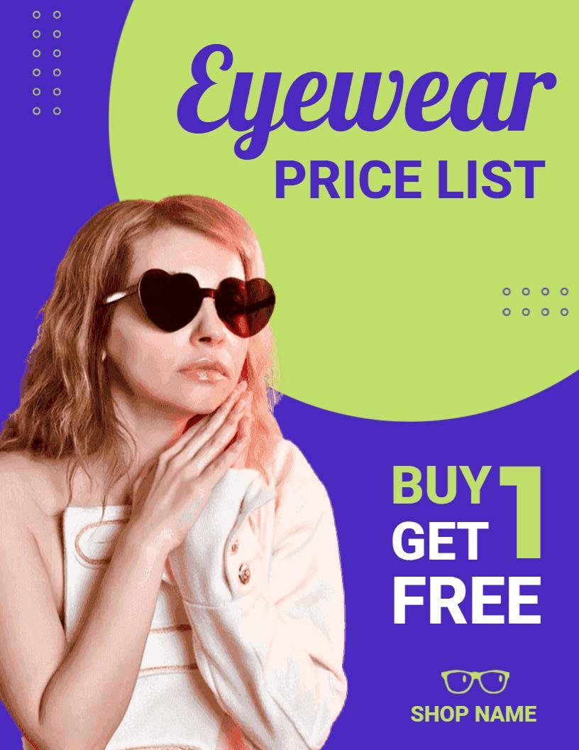 Trendy Contact Lenses and Stylish Sunglasses Eyewear Price List Template