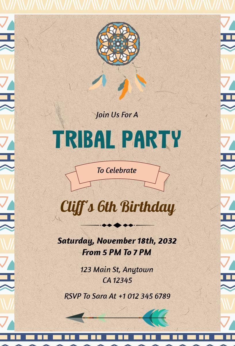 Tribal Theme Adventure 6th Birthday Celebration Invitation Template