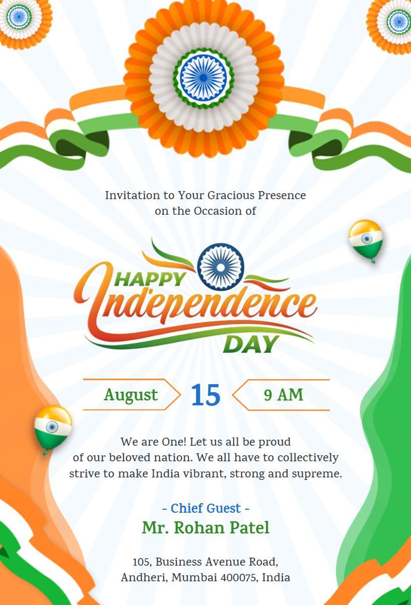Tricolor Patriotic Indian Independence Day Celebration Invitation Template