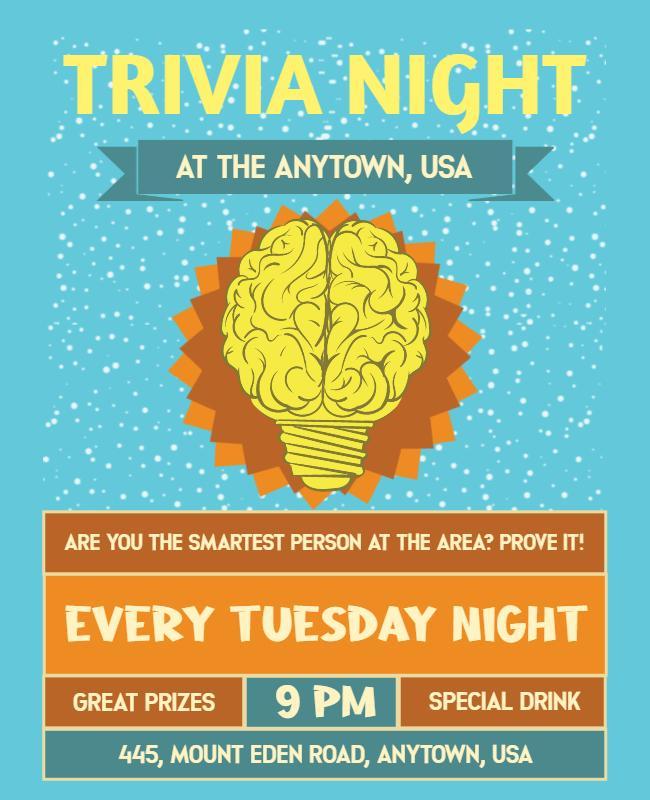 Playful Blue Trivia Night with Brain Illustration Flyer Template