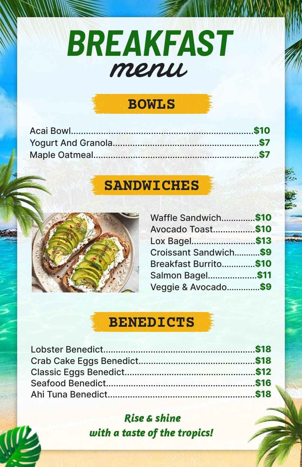 Tropical Acai Bowls and Savory Sandwiches Breakfast Menu Template