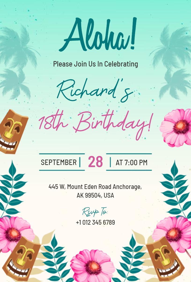 Tropical Aloha Luau 18th Birthday Celebration Invitation Template