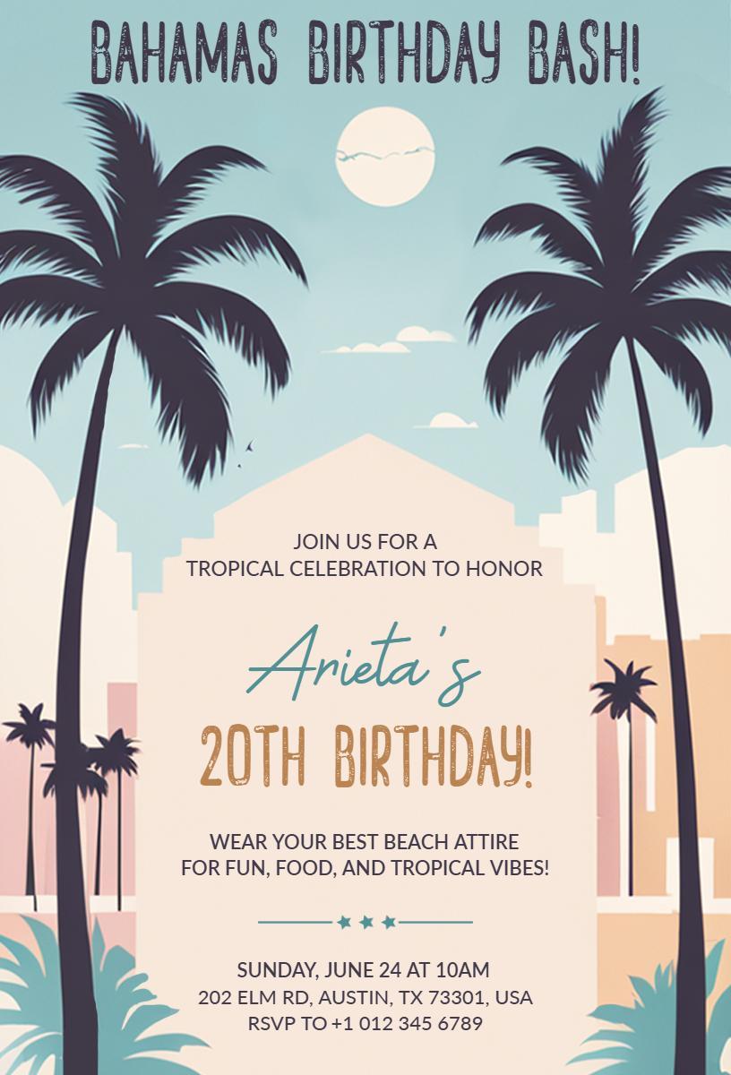 Tropical Bahamas Beach Party Birthday Celebration Invitation Template