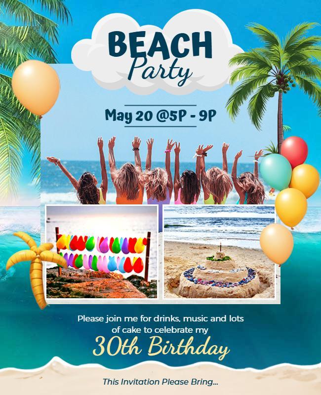 Tropical Beach 30th Birthday Party Celebration Flyers Template