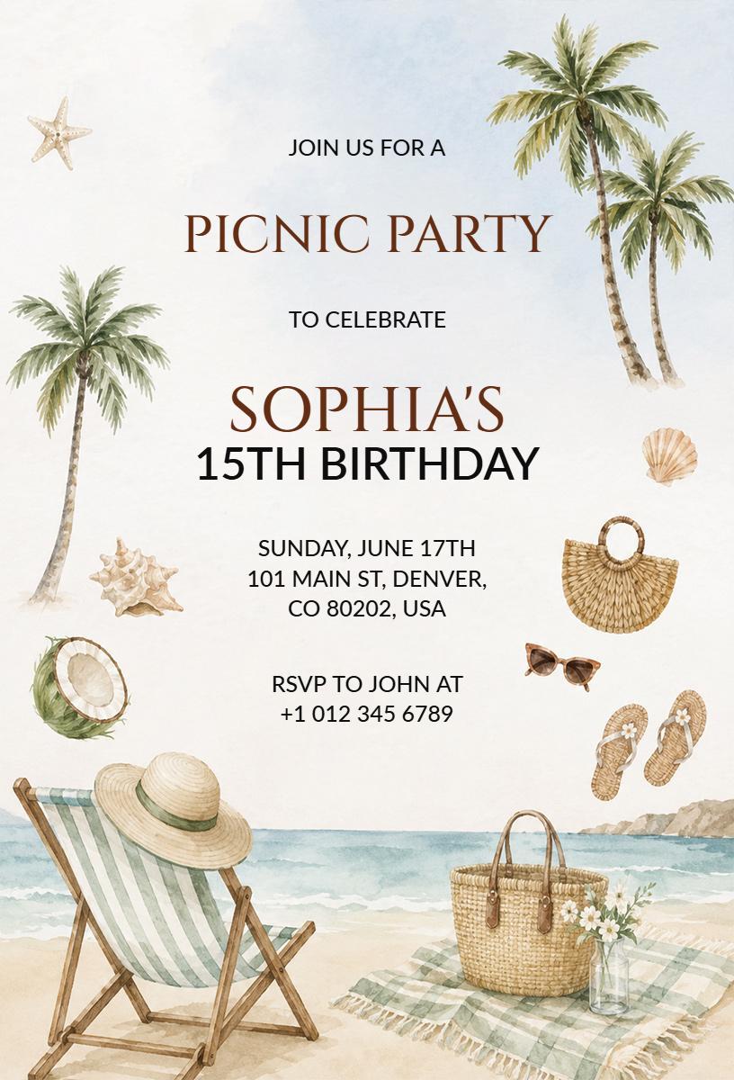 Tropical Beach Picnic Summer Birthday Celebration Invitation Template