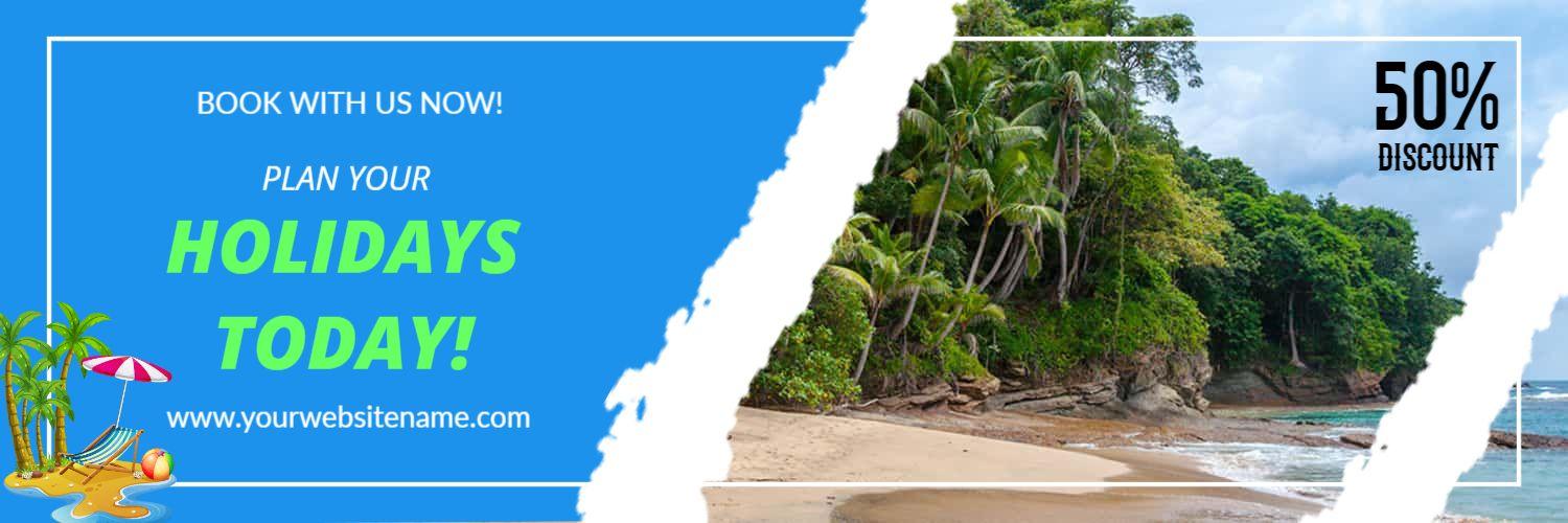 Tropical Beach Scene with 50% Discount Travel Banner Template