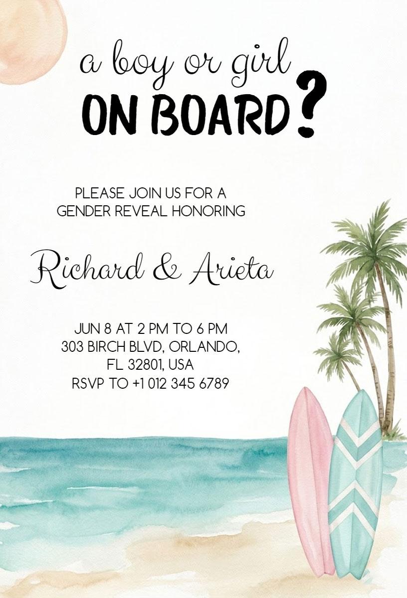 Tropical Beach Surfboard Gender Reveal Celebration Invitation Template