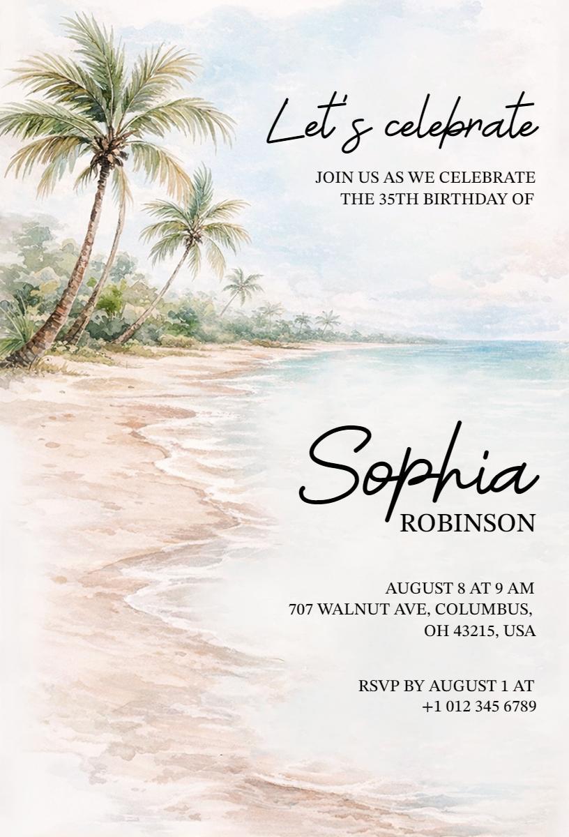 Tropical Beach Watercolor Summer Birthday Celebration Invitation Template