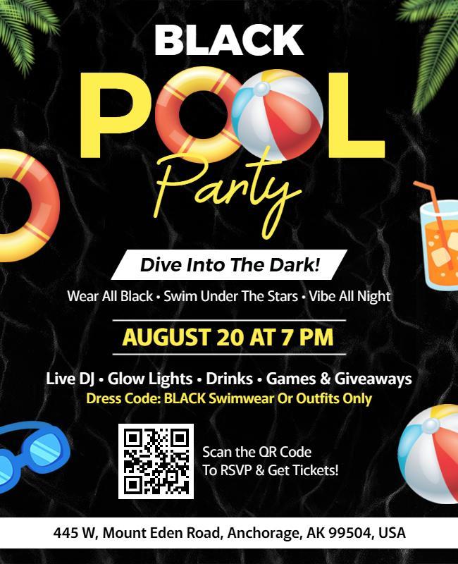 Tropical Black-Themed Night Pool Party Flyer Template