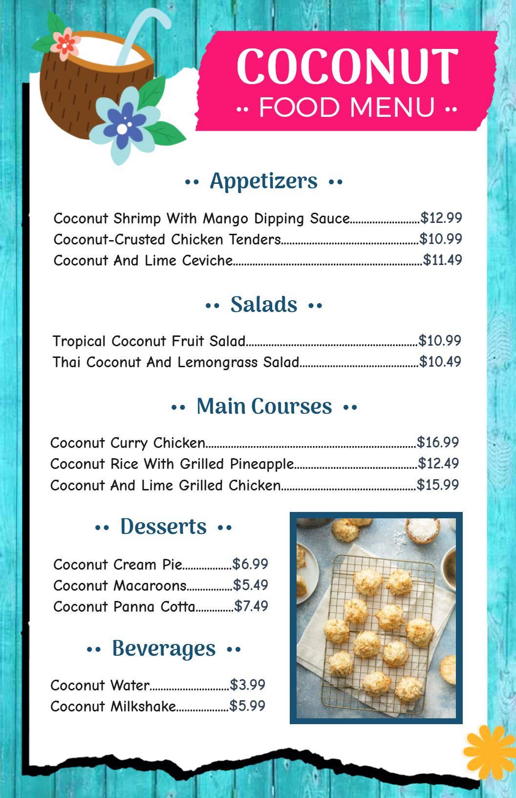 Tropical Coconut Dishes and Refreshing Desserts Fruit Menu Template