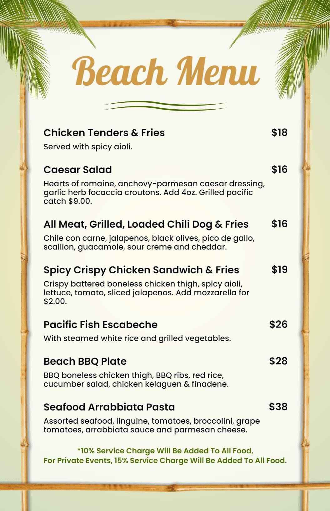 Tropical Delights with Grilled Specials and Seafood Beach Menu Template