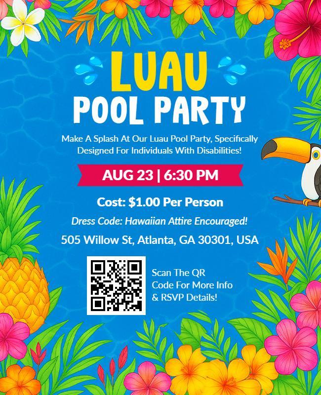 Tropical Floral Luau Pool Party Celebration Flyer Template