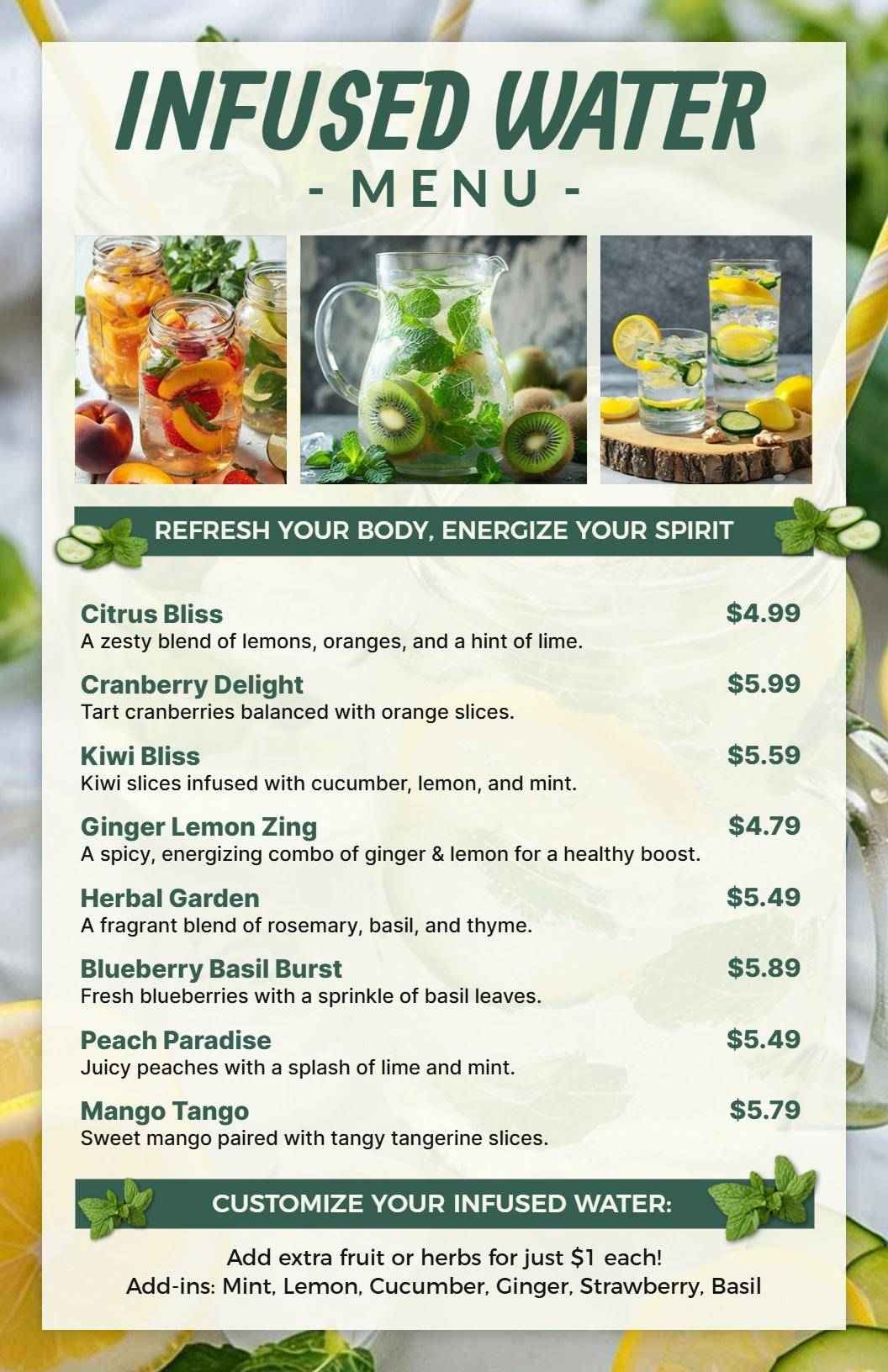Tropical Fruit Infused Water Selection Menu Template