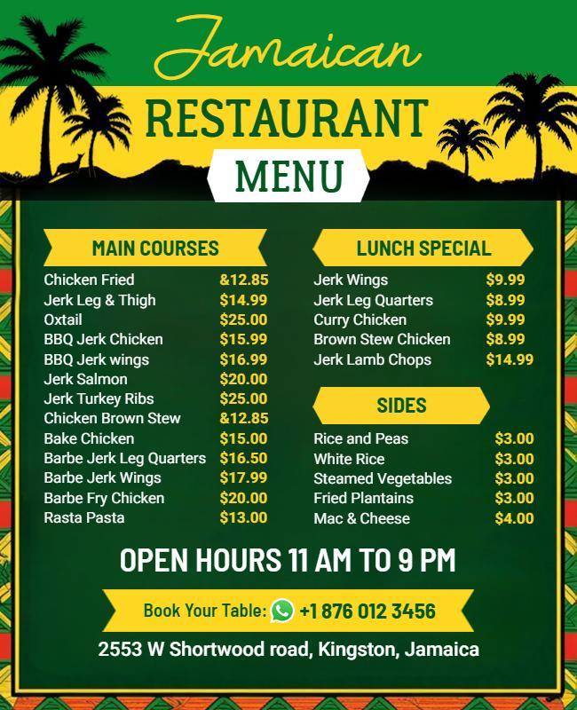 Tropical Green Jamaican Restaurant Menu Poster Template