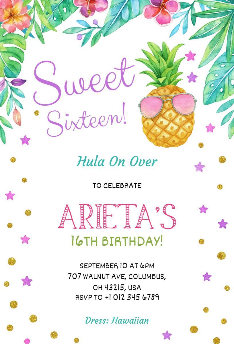 Tropical Hawaiian Sweet 16 Birthday Celebration Invitation Template