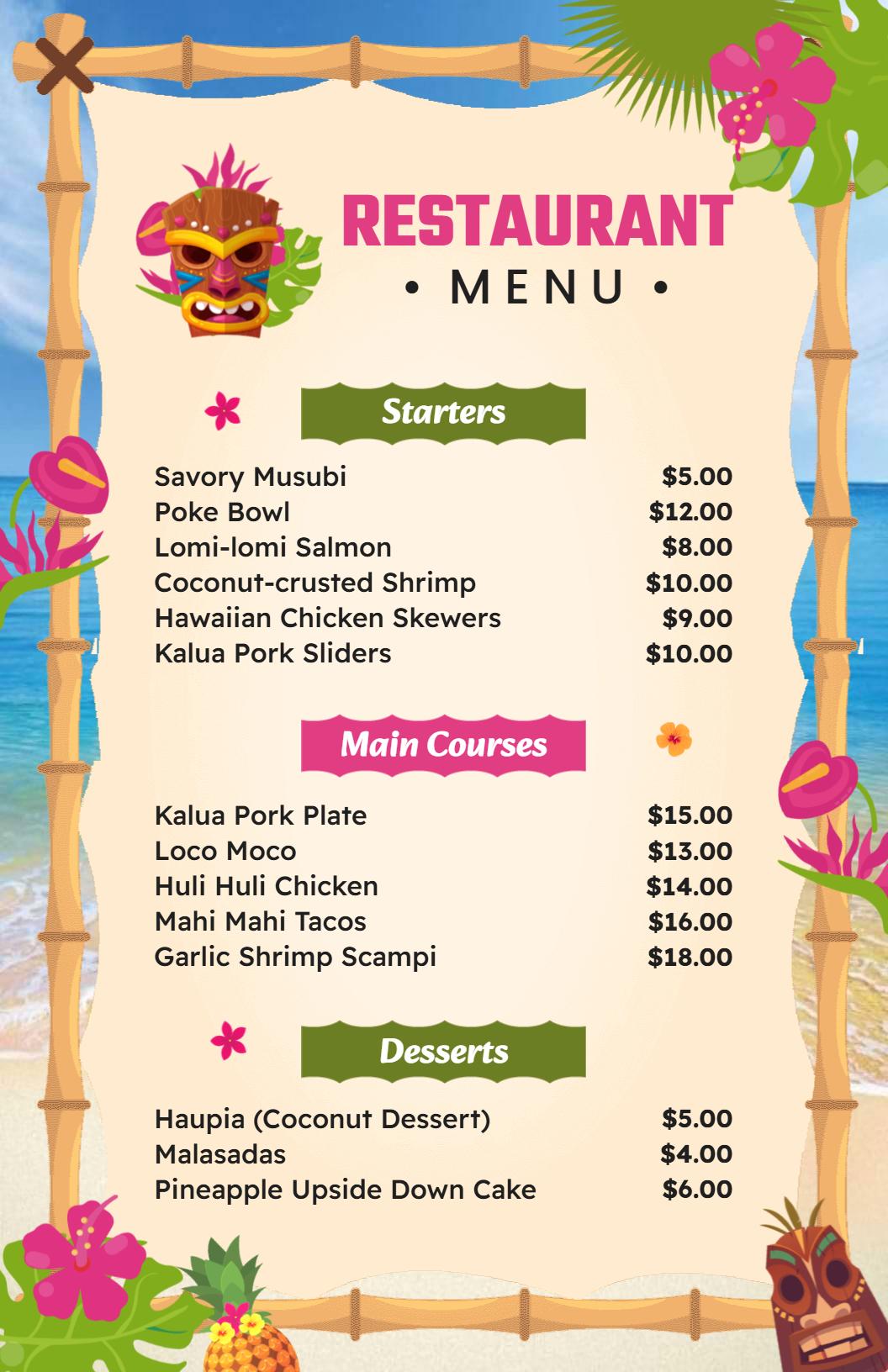 Tropical Island Dishes and Traditional Hawaiian Restaurant Menu Template
