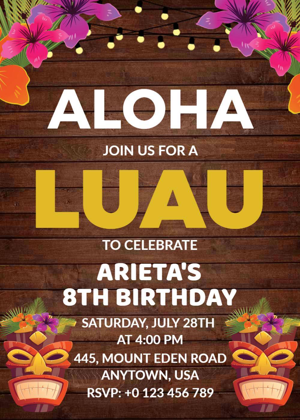 Tropical Luau 8th Birthday Celebration Invitation Template