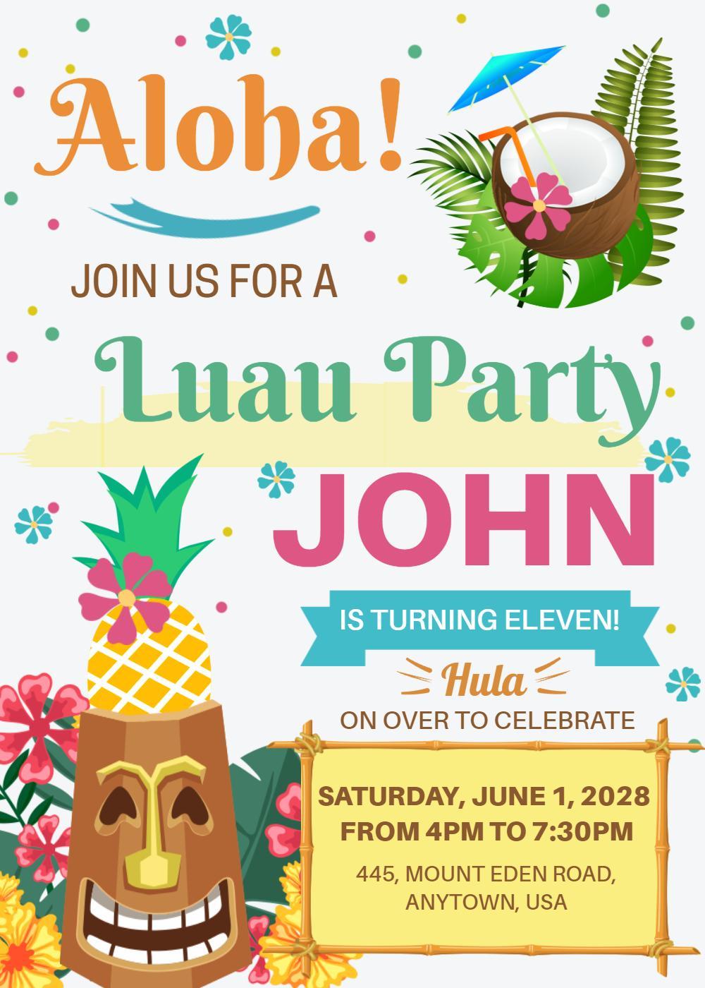 Tropical Luau Theme Birthday Celebration Invitation Template