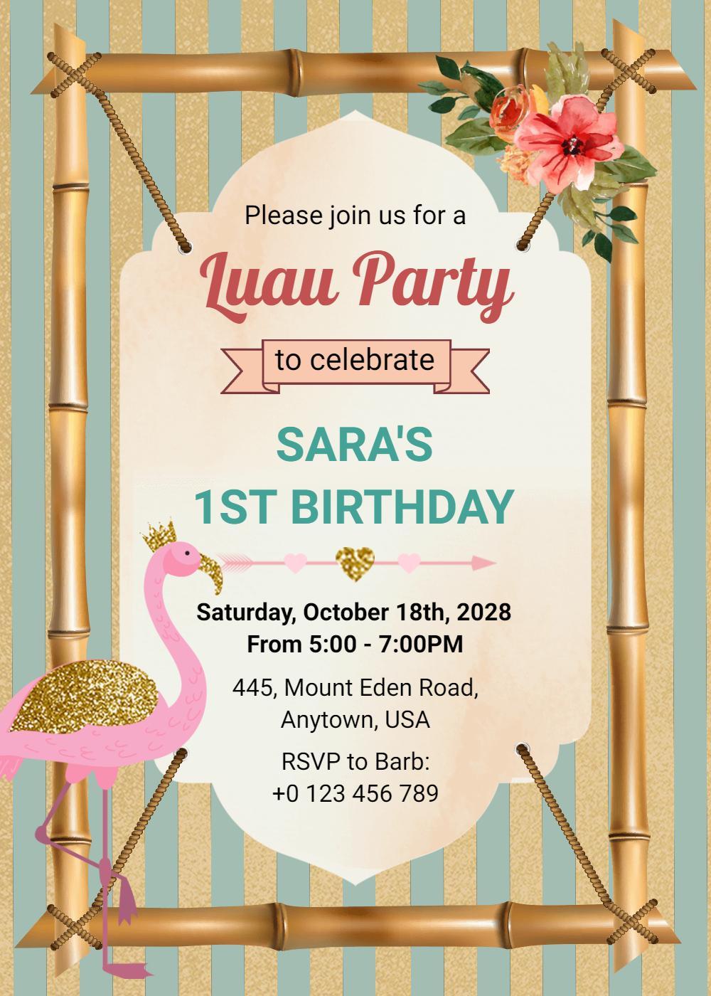 Tropical Luau Themed First Birthday Celebration Invitation Template
