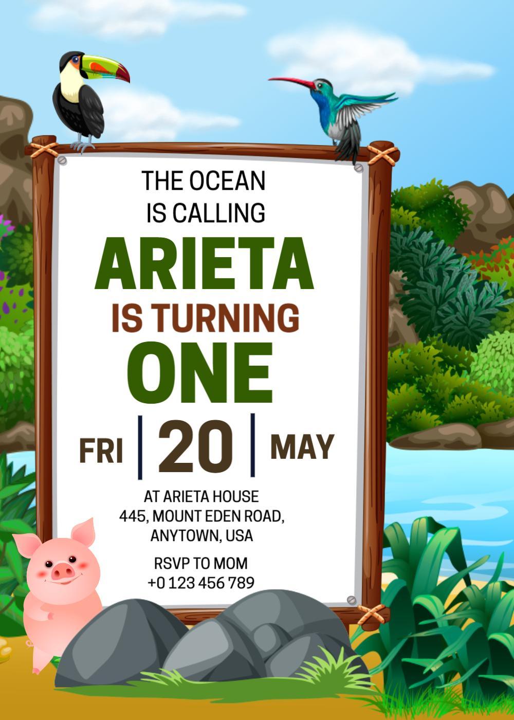 Tropical Ocean Adventure 1st Birthday Celebration Invitation Template