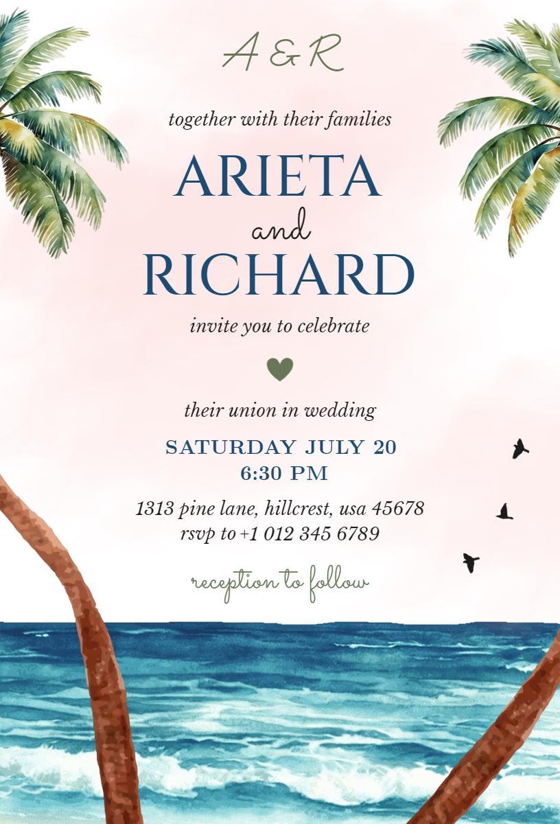 Tropical Palm Beach Wedding Celebration Invitation Template