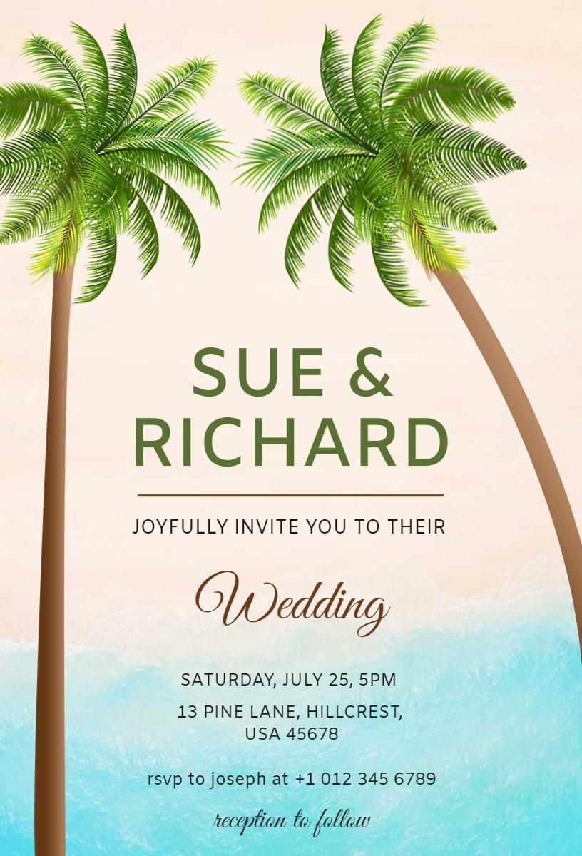 Tropical Palm Beach Wedding Ceremony Invitation Template