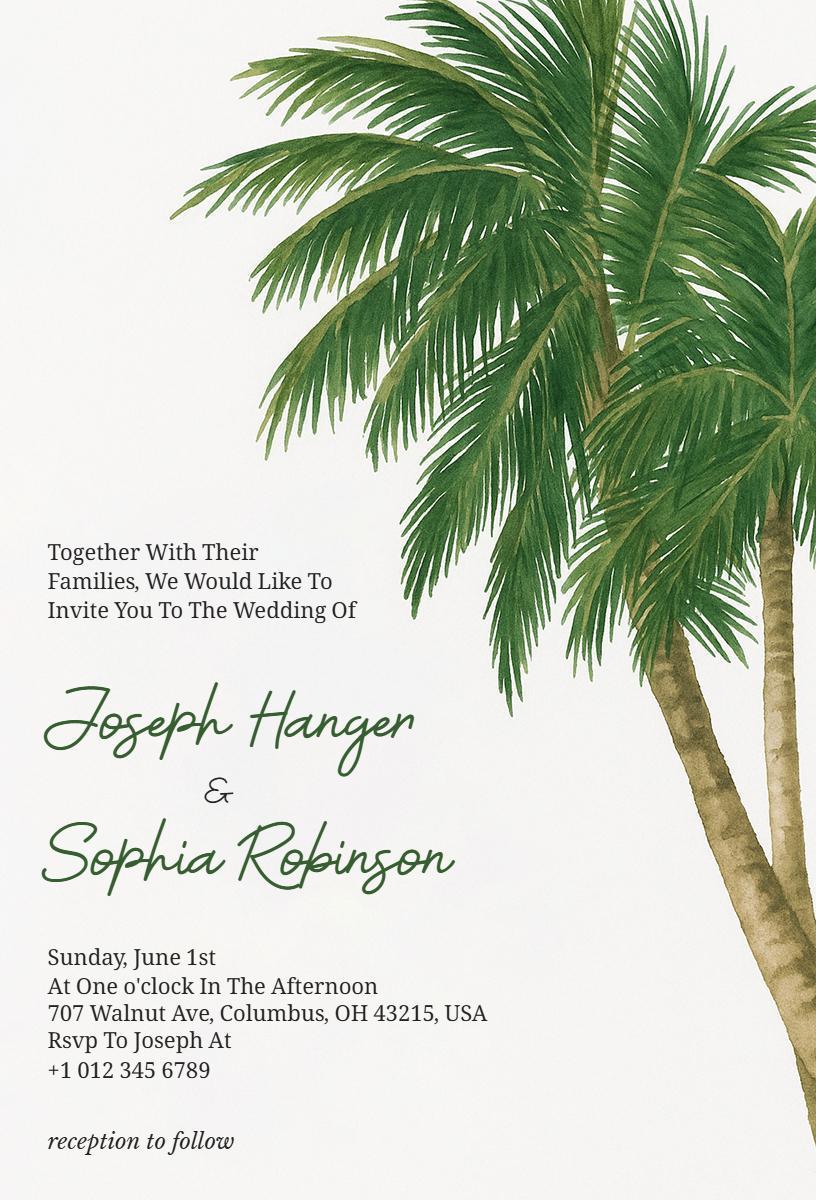 Tropical Palm Leaf Summer Wedding Ceremony Invitation Template
