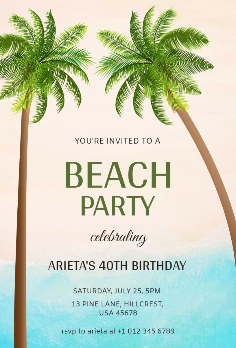 Tropical Palm Tree Beach Birthday Party Invitation Template