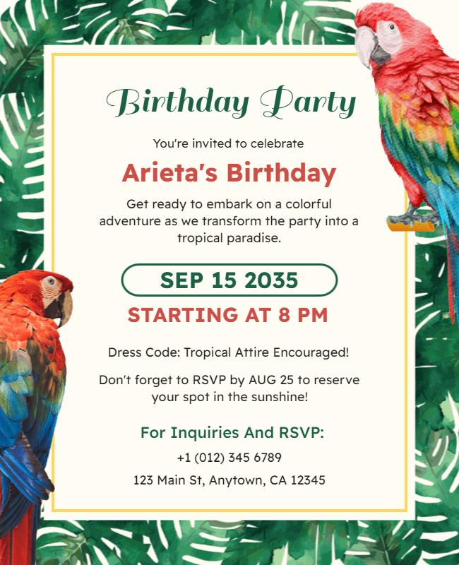 Tropical Parrot Birthday Party Invitation Flyer Template