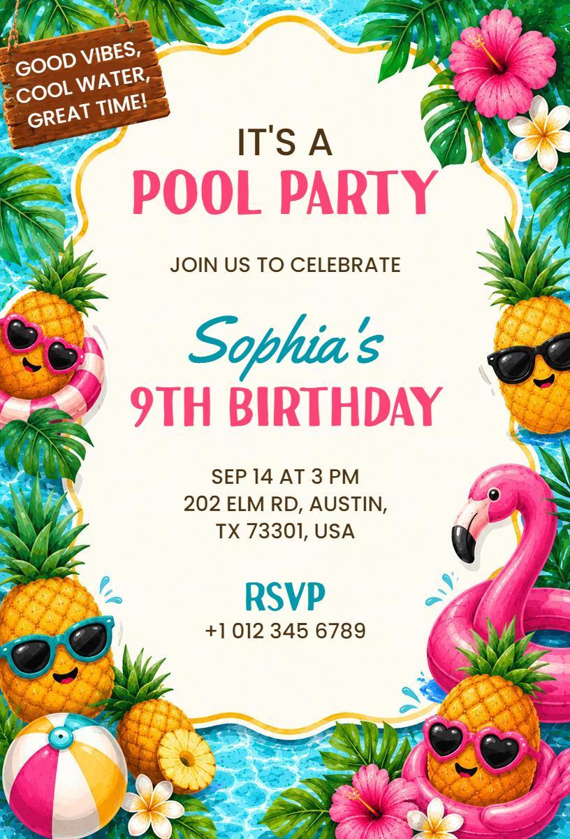 Tropical Pineapple Theme Pool Party Celebration Invitation Template