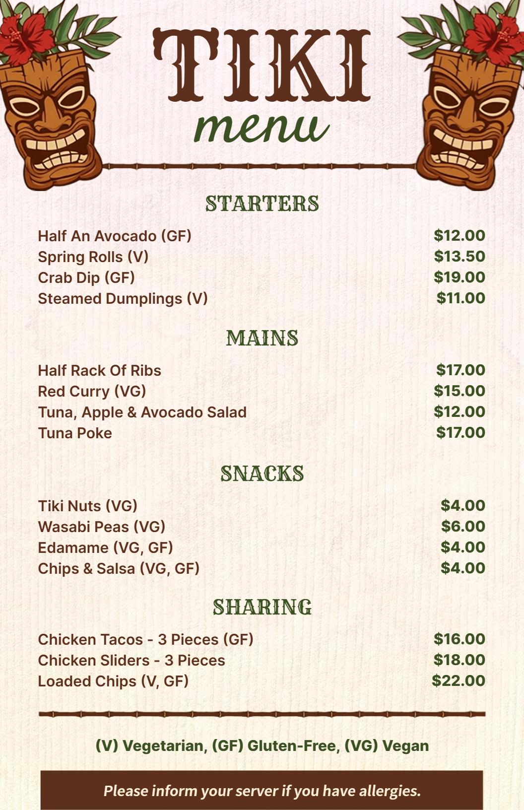 Tropical Starters and Exotic Mains with Snacks Tiki Menu Template