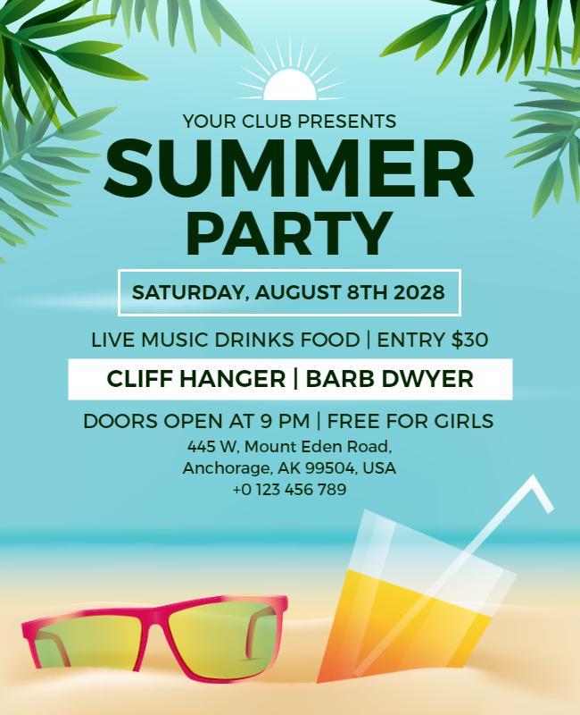 Tropical Summer Beach Party with Live Music Flyer Template