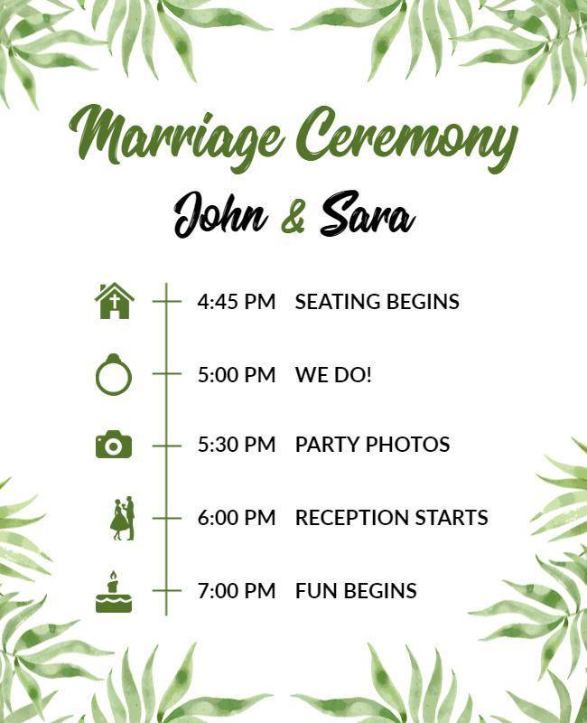 Tropical Theme Wedding Ceremony Schedule Flyer Template