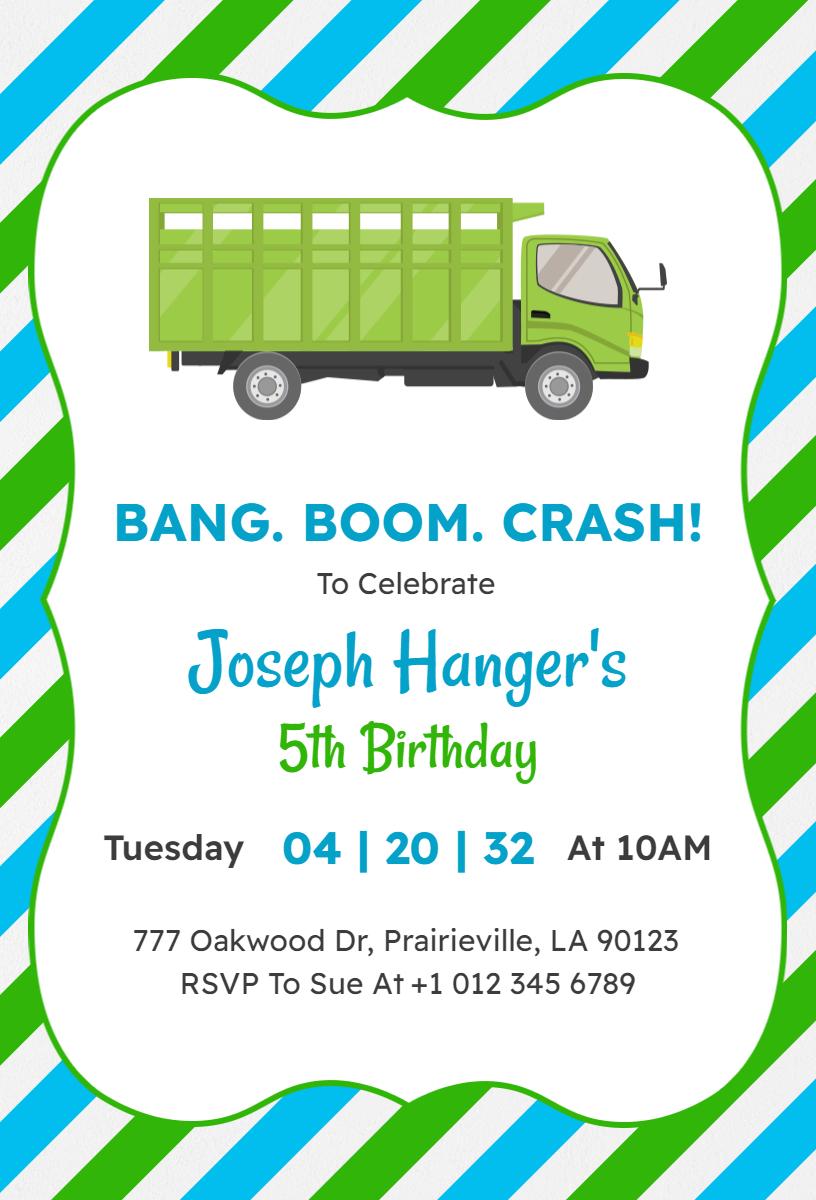 Truck Theme Exciting 5th Birthday Celebration Invitation Template