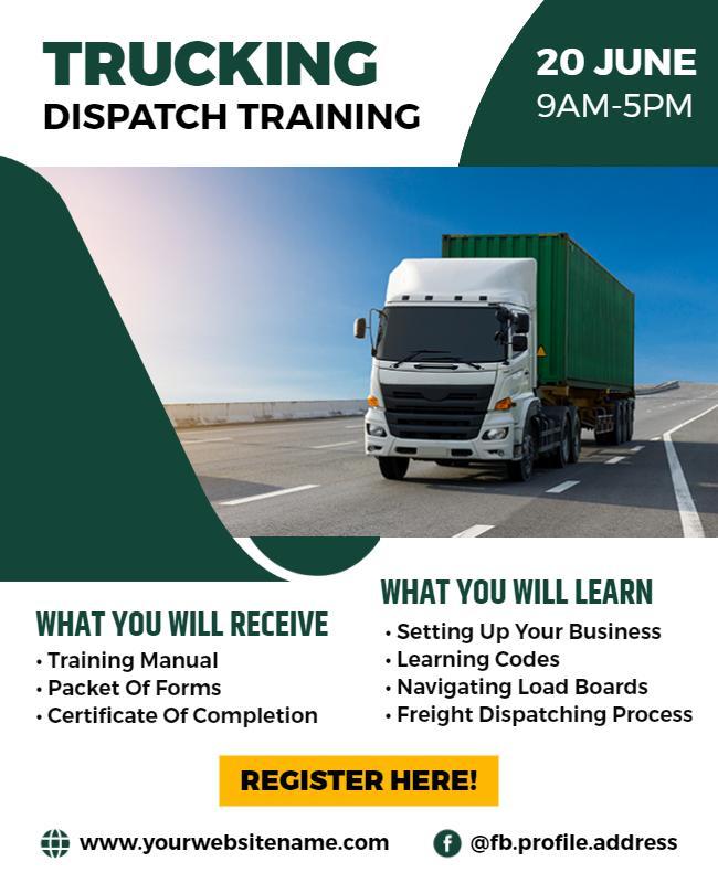 Professional Green Trucking Dispatch Training Workshop Flyer Template