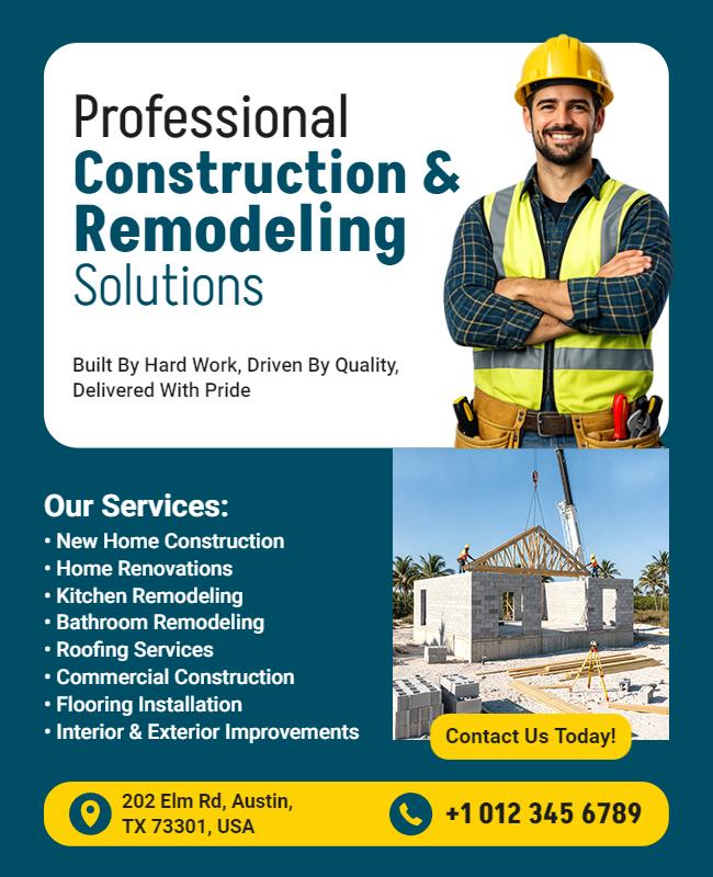 Trustworthy Teal Construction and Remodeling Services Flyer Template