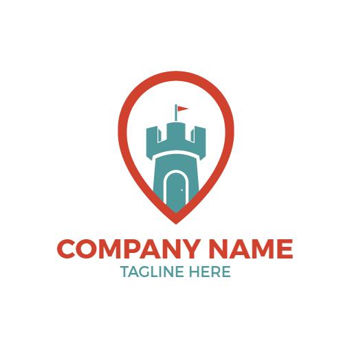 Turquoise Castle Design with Location Pin Emblem Logo Template