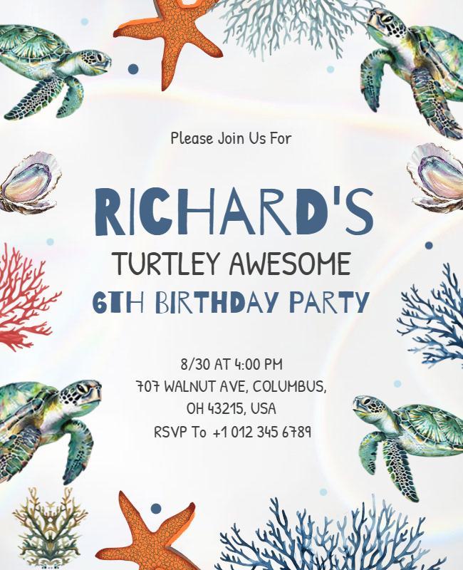 Turtle Themed Children's Birthday Party Flyer Template