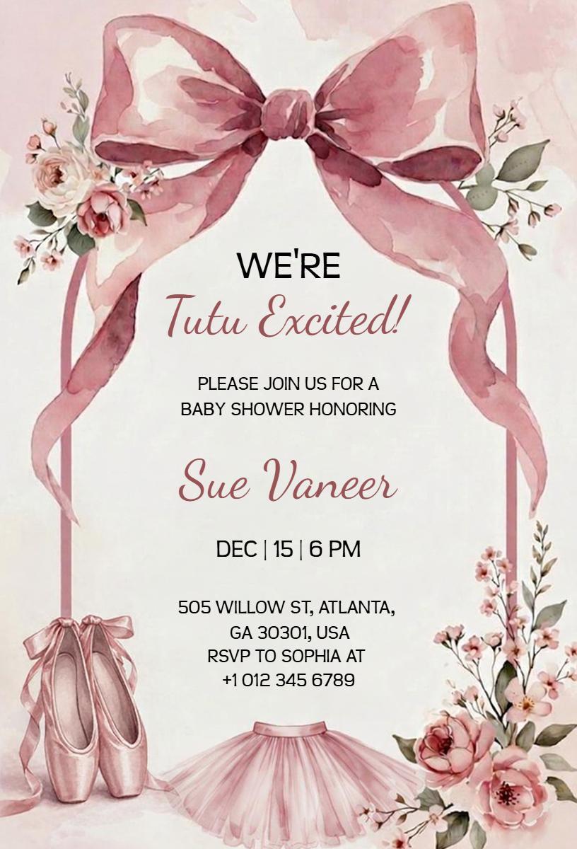 Tutu Excited Bows Ribbons Baby Shower Invitation Template