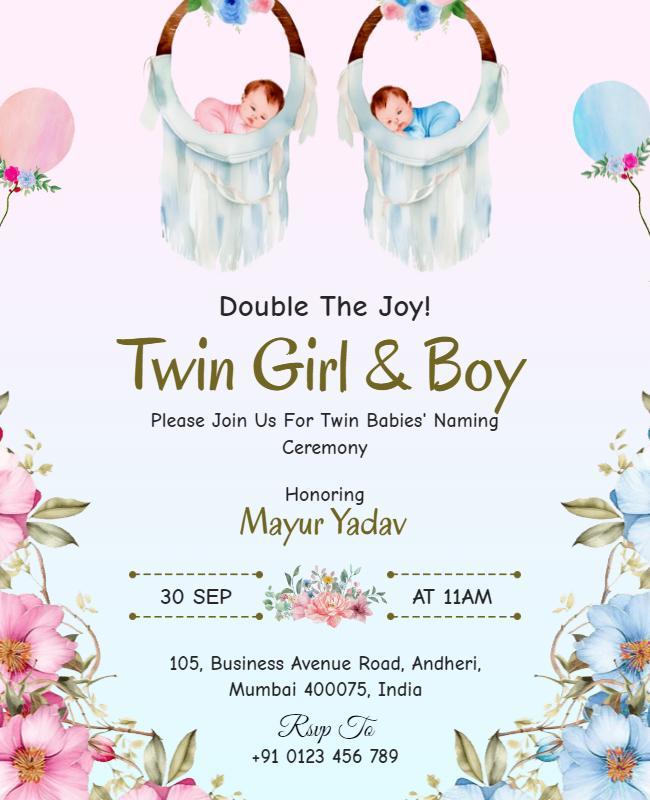 Twin Babies Naming Ceremony Invitation Flyer Template