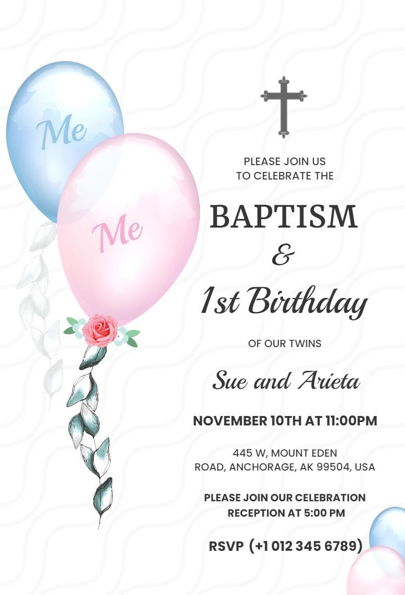 Twin Baptism and First Birthday Celebration Invitation Template