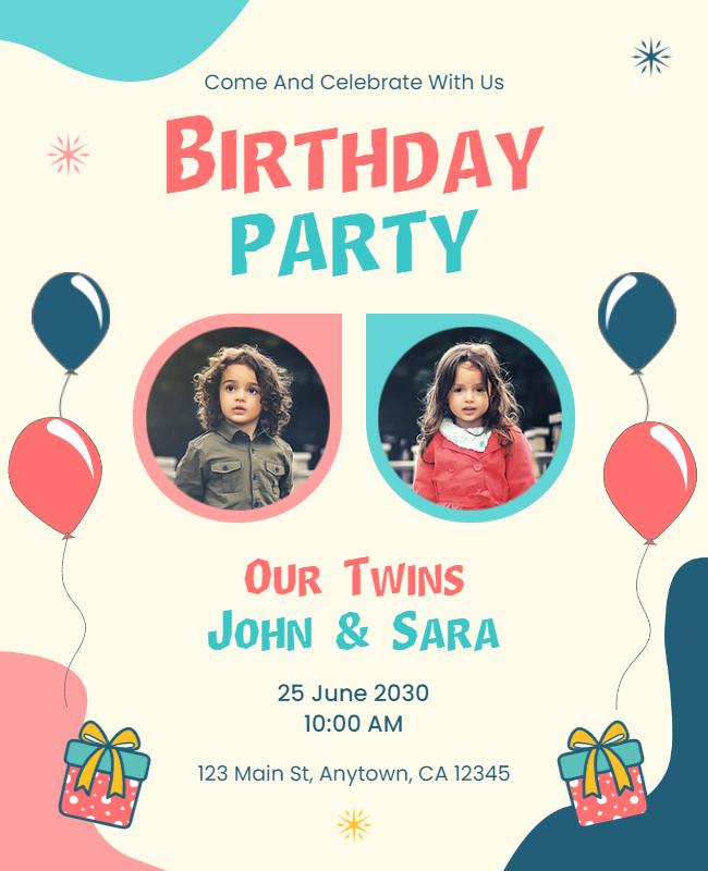 Twins Birthday Celebration Invitation Flyer Template