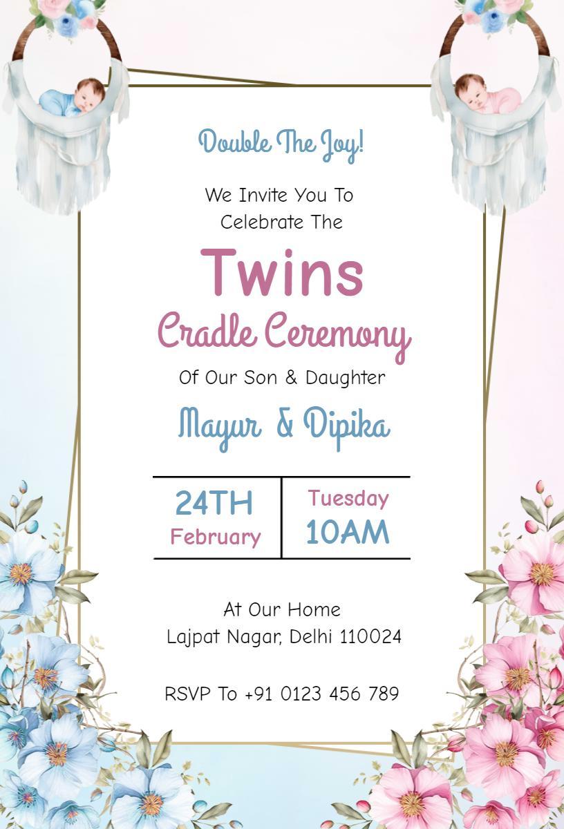 Twins Cradle Naming Ceremony Floral Celebration Invitation Template