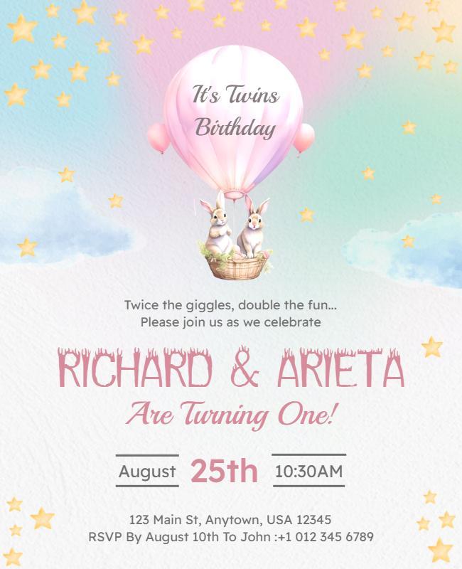 Twins First Birthday Celebration Flyer Template