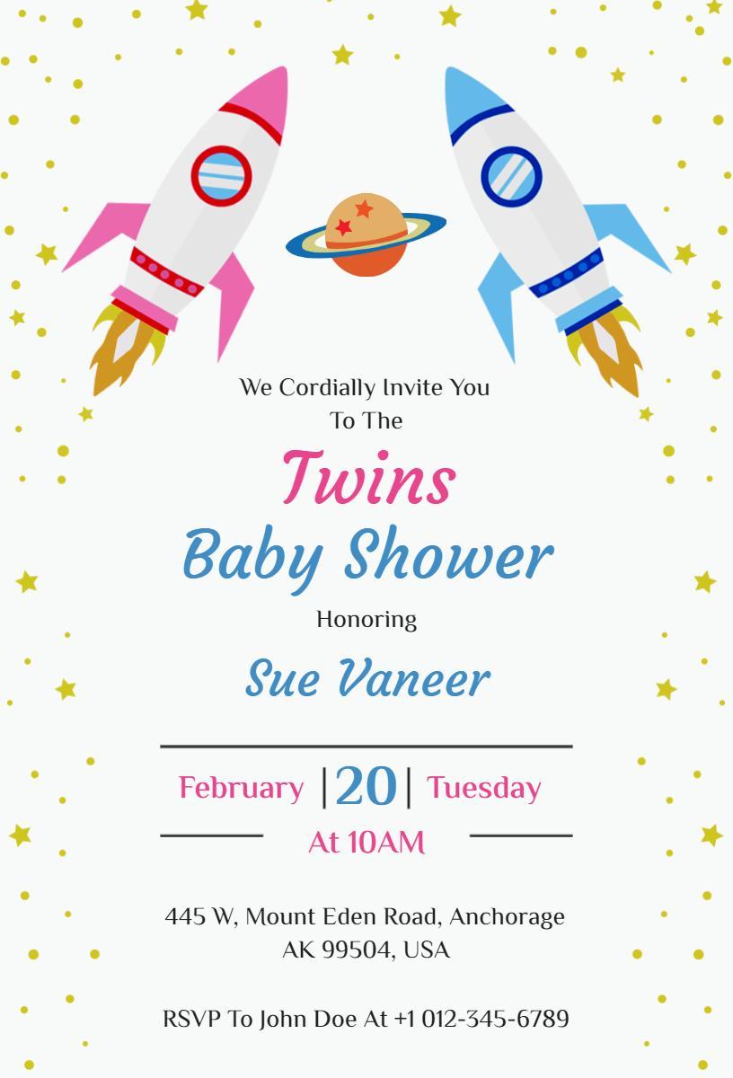 Twins Outer Space Adventure Baby Shower Invitation Template