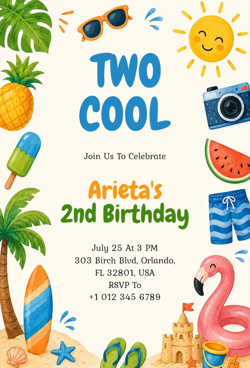 Two Cool Summer Beach Themed 2nd Birthday Invitation Template